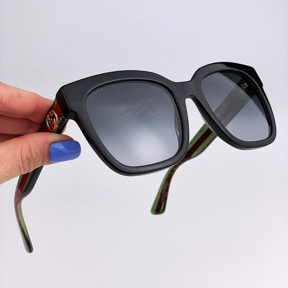 GUCCI GG0034SN 002 Sunglasses Black Green Red Grey Gradient Rectangle Women - Picture 1 of 10